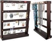 Jewelry Organizer - Earring Holder Stand, Peruvian Walnut, Dark Brown, Wood, Necklace Organizer. Holds 72 pairs, 8 pegs. Jewelry Display