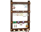 Earring Holder - Jewelry Holder, Peruvian Walnut, Dark Wood, Hanging, Necklace Holder. Holds 30 pairs, 4 pegs, Jewelry Organizer