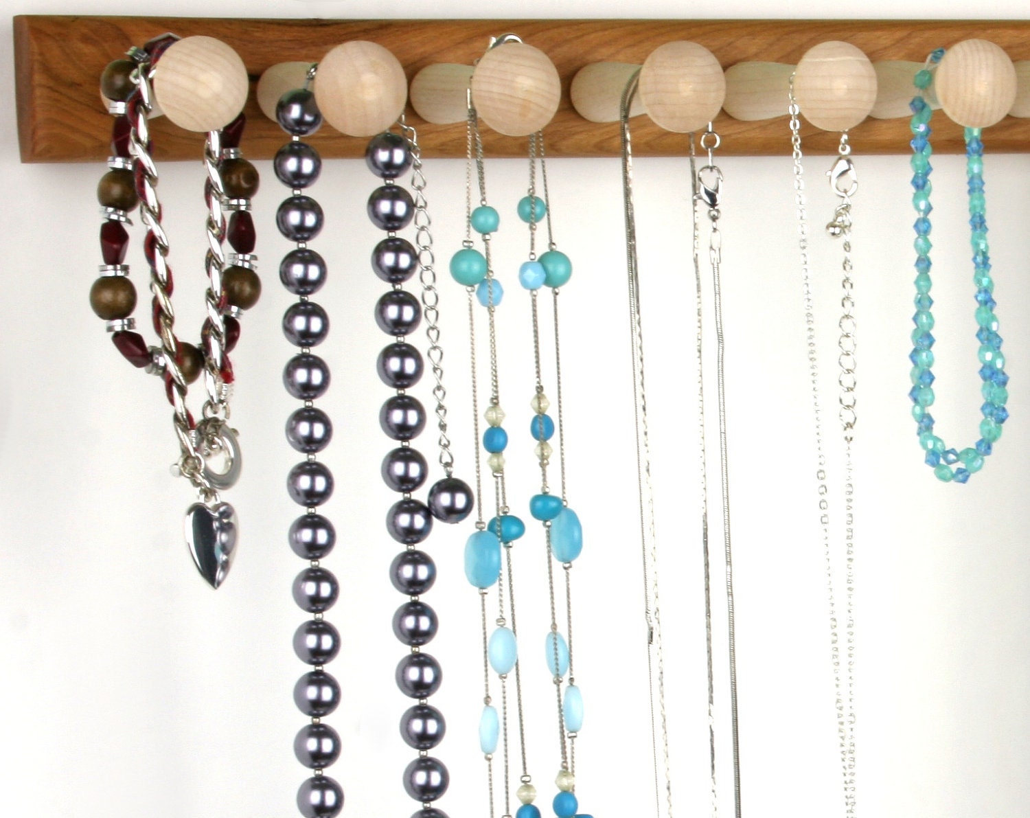 Large Necklace Rack- Jewelry Holder Bar, Wall Mount, Wood, Cherry.  20", 14 Long Shaker Pegs. Necklace Bar, Bracelet Holder