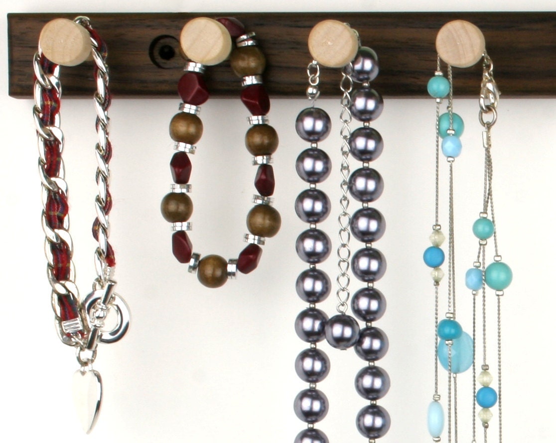 Peruvian Walnut Necklace Holder Raack - Wall Mount Jewelry Holder Bar, Wooden.  15", 10 Pegs. Compact. Hanging Jewelry Organizer