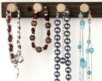 Peruvian Walnut Necklace Holder Raack - Wall Mount Jewelry Holder Bar, Wooden.  15", 10 Pegs. Compact. Hanging Jewelry Organizer