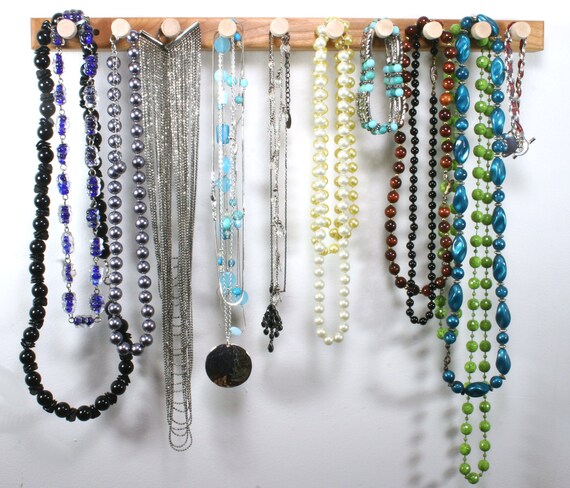 Necklace Holder - Wall Mount Jewelry Holder Bar, Cherry.  15", 10 Pegs. Compact. Hanging Jewelry Organizer