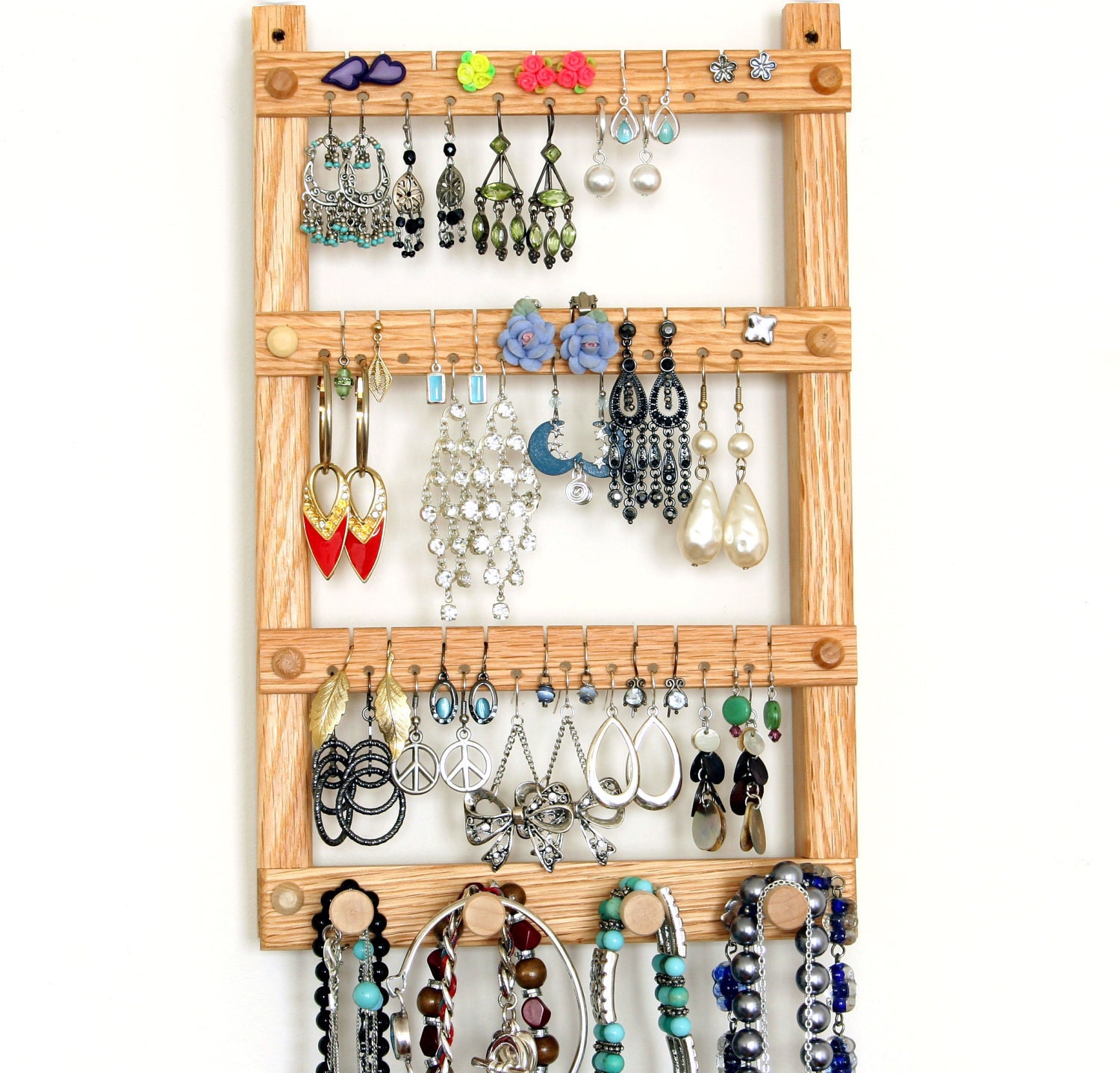 Earring Holder, Jewelry Organizer, Oak, Wood, Hanging, Necklace Organizer. Wall Mounted. 30 pairs, 4 pegs. Jewelry Display