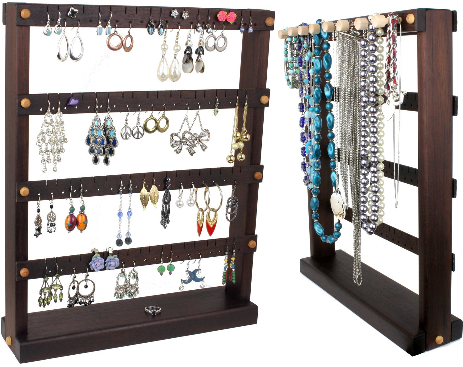 Jewelry Organizer - Earring Holder Stand, Peruvian Walnut, Dark Brown, Wood, Necklace Organizer. Holds 72 pairs, 8 pegs. Jewelry Display