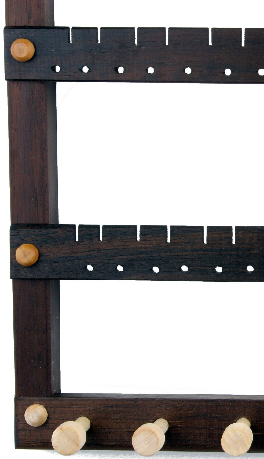 Wall Mount Earring Holder - Wooden Hanging Jewelry Organizer, Peruvian Walnut. Holds 72 pairs, 10 pegs. Earring Display - Jewelry Display