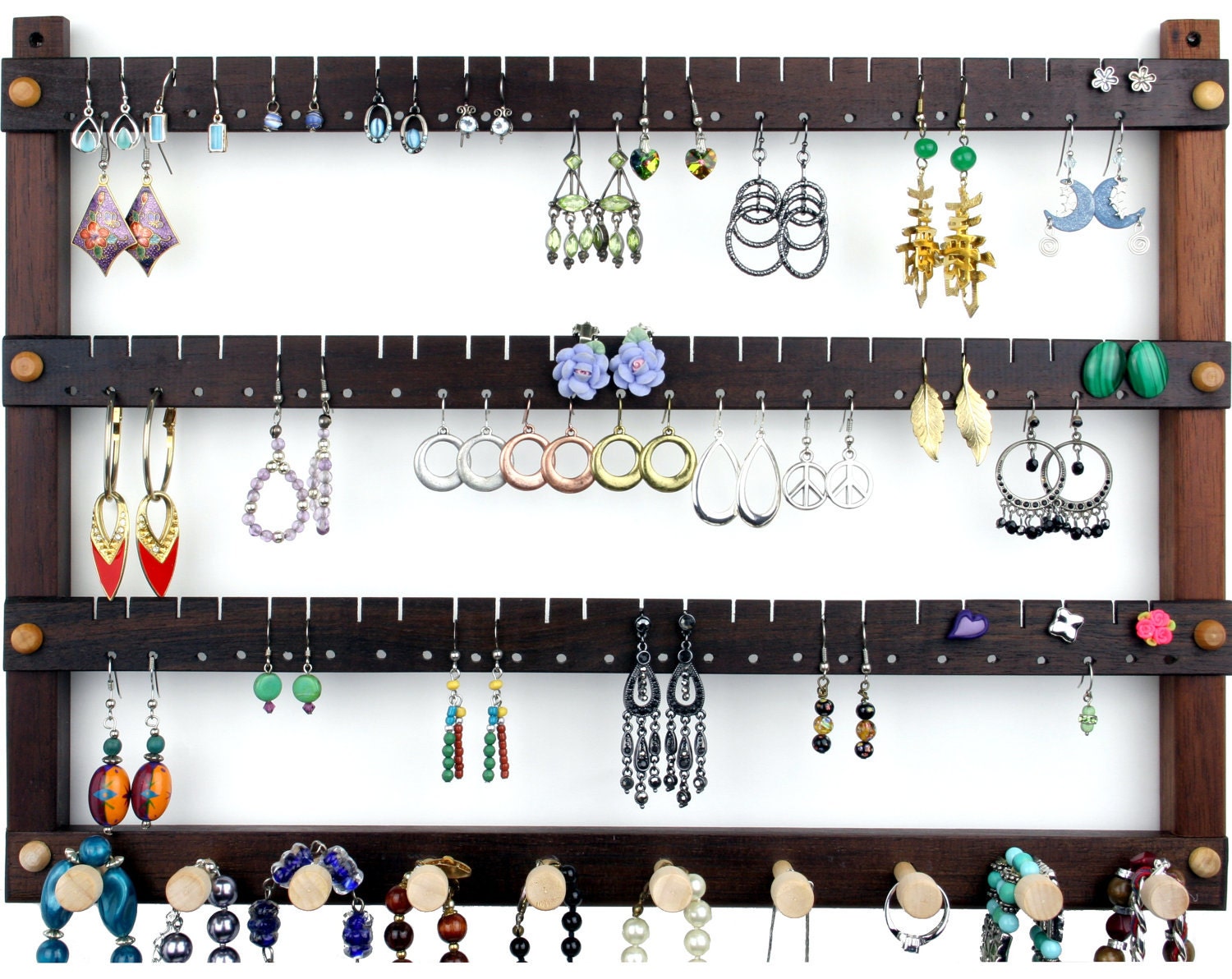Wall Mount Earring Holder - Wooden Hanging Jewelry Organizer, Peruvian Walnut. Holds 72 pairs, 10 pegs. Earring Display - Jewelry Display
