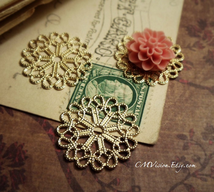 6pcs pf  Longer Lasting Color, 18K Gold Plated Brass 23mm Super High Quality  Filigree Base Connectors Wq S14