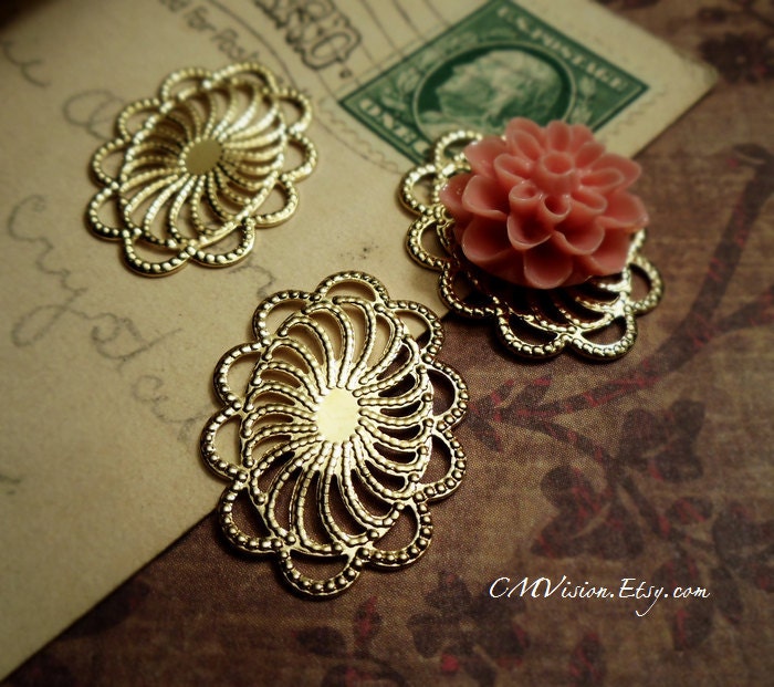 6pcs of  Longer Lasting Color 18K Gold Plated Brass, 19x26mm High Quality Victorian Oval Mirror Lace Flower Filigree Base Connectors Wq S11