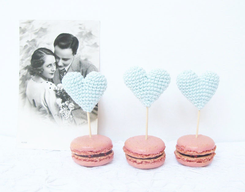Something Blue Mint Crocheted Hearts Cup Cakes Toppers A set of Three by Cherrytime on Etsy