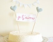 Featured on Green Wedding Shoes Mint Wedding Cake Topper Je T'aime Sign with Crochet Hearts by Cherrytime