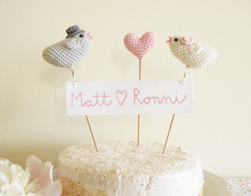 Custom Bird Wedding Cake Topper with Embroidery Names Banner Sign Bride and Groom Made to Order