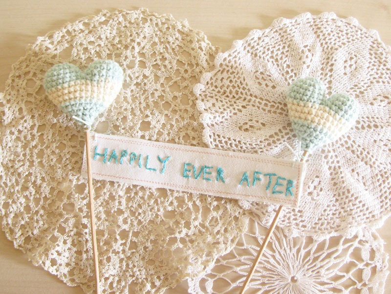 Happily Ever After Sign with Crocheted Hearts Something Blue Wedding Cake Topper  by Cherrytime on Etsy