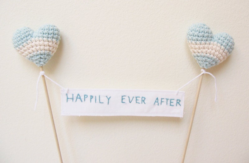 Happily Ever After Sign with Crocheted Hearts Something Blue Wedding Cake Topper  by Cherrytime on Etsy