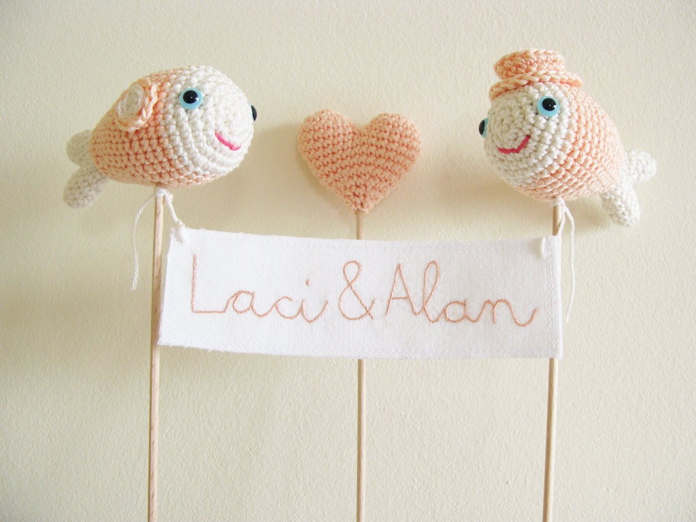 Personalized Peach Wedding Cake Topper Nautical Crochet Fish with Embroidery Names Banner Sign Bride and Groom Made to Order