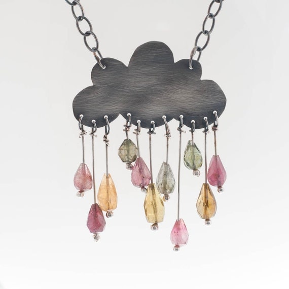 Cumulonimbus Statement Sterling Silver Cloud Necklace oxidized Tourmaline Gemstone Rain Romantic Original Colorful Drops Gift Under 100