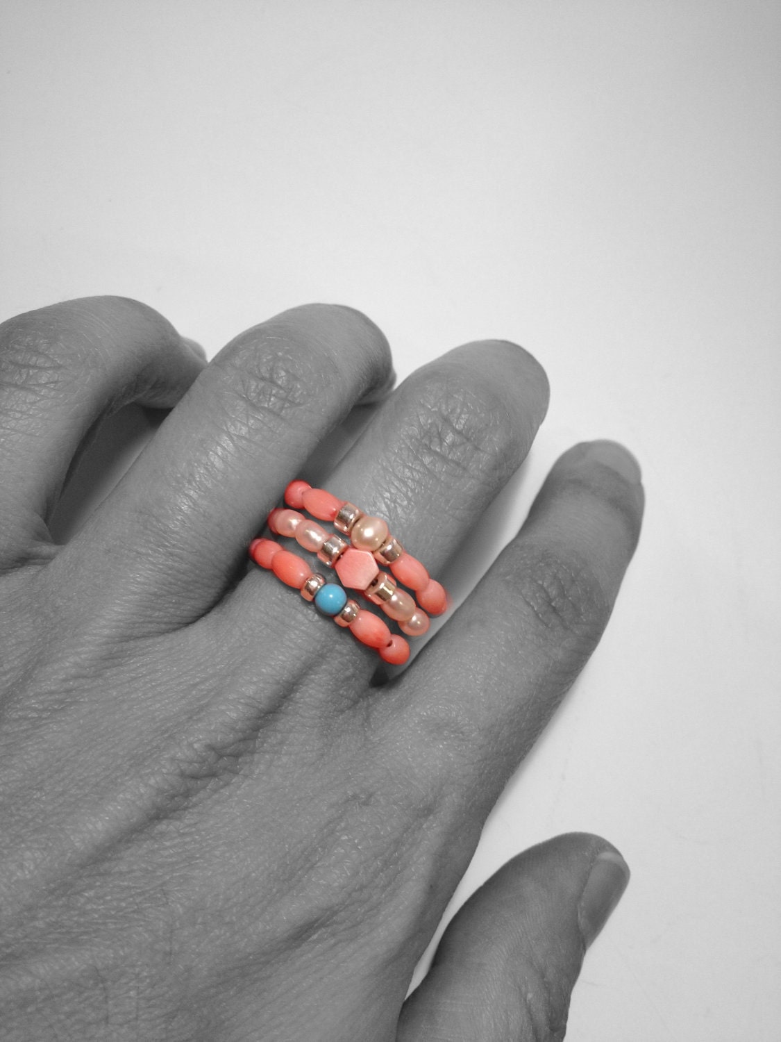 Coral Reef Set of Three Stacking Rings with Freshwater Pearls Coral Turquoise Gemstone and Sterling Silver Bead Fresh Modern Gift