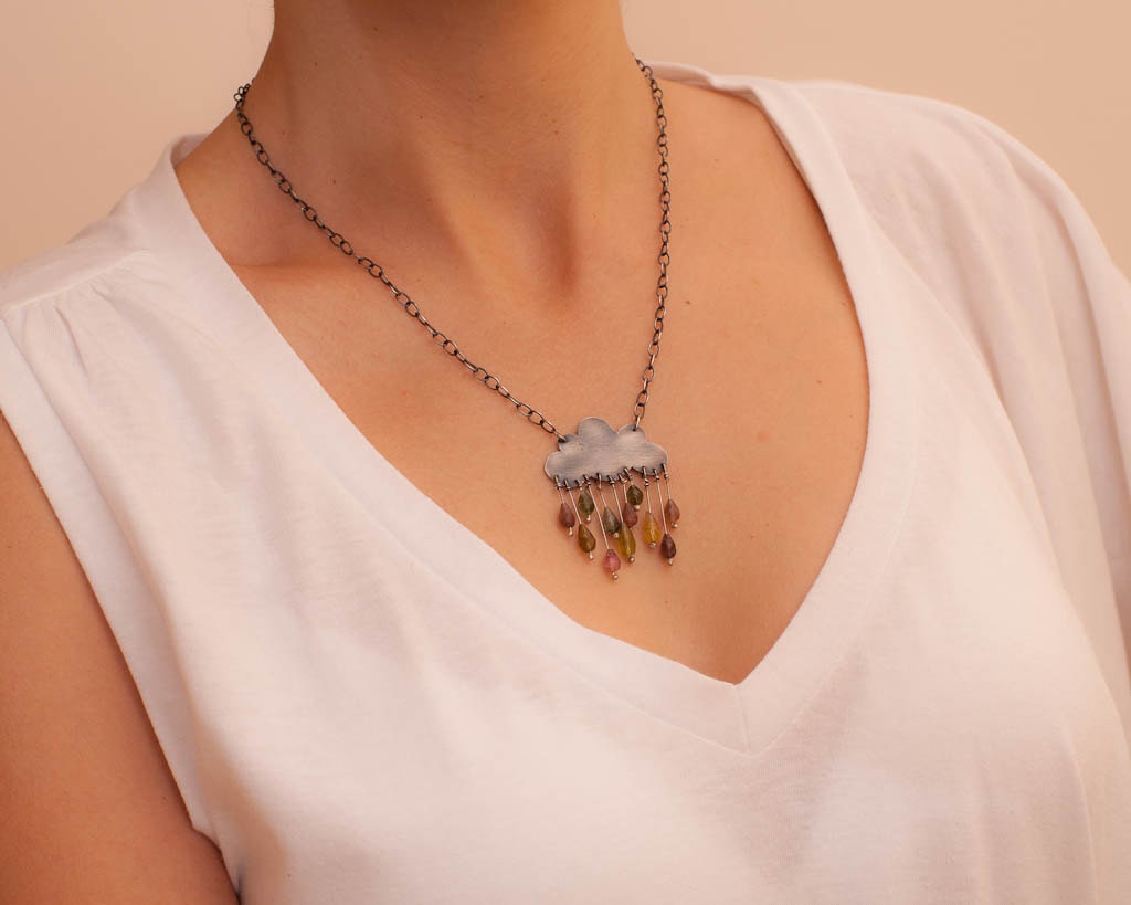 Cumulonimbus Statement Sterling Silver Cloud Necklace oxidized Tourmaline Gemstone Rain Romantic Original Colorful Drops Gift Under 100