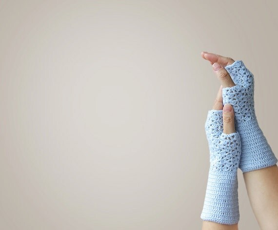 Women fingerless gloves - crocheted Blue mittens