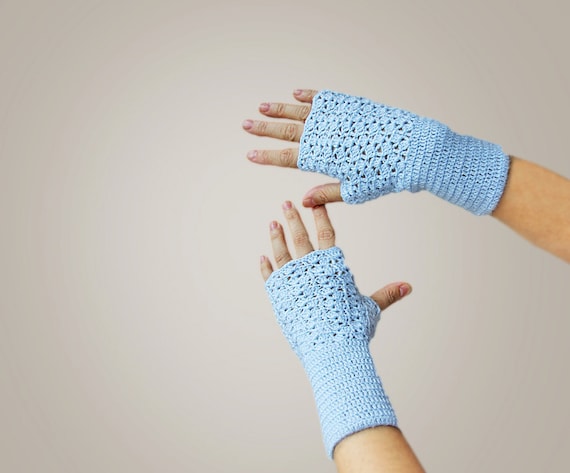 Women fingerless gloves - crocheted Blue mittens