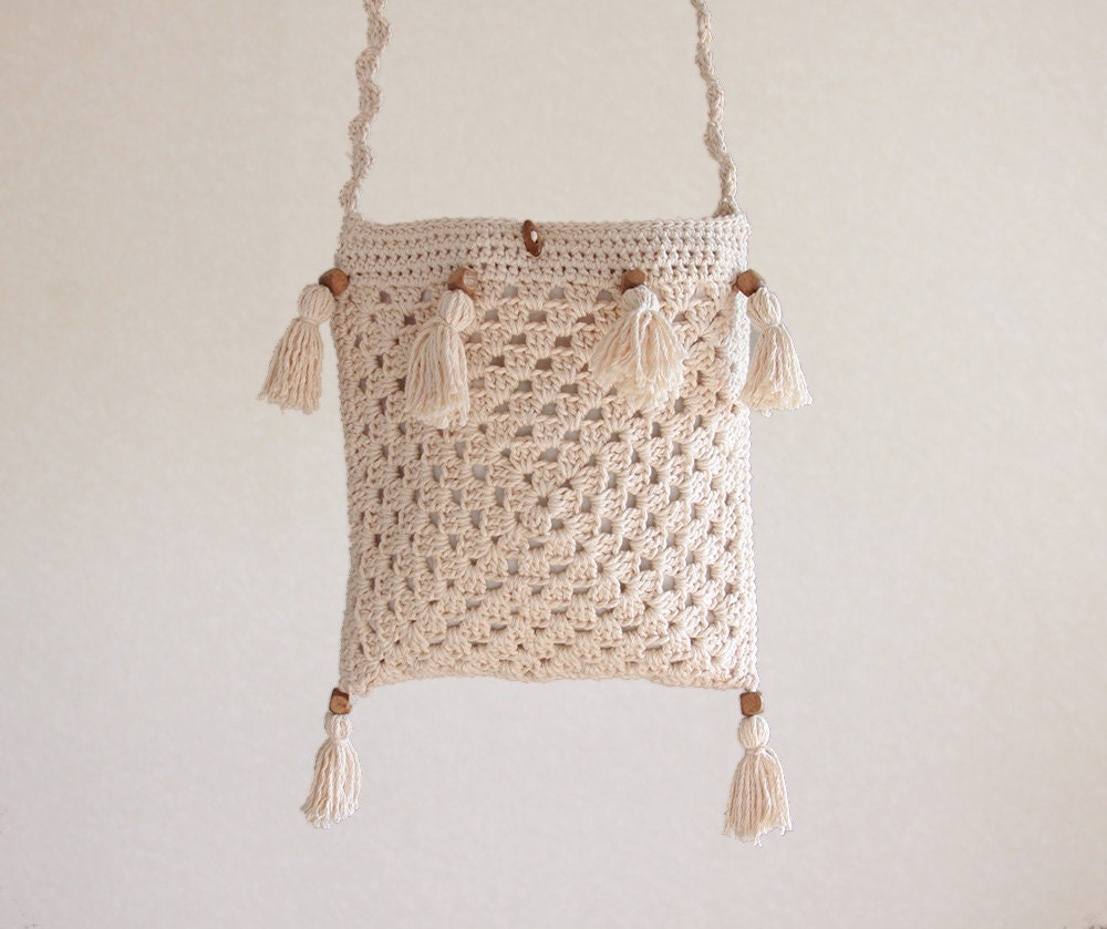 Crochet bag - Pure Cotton, Cream, Natural, Handmade, Silk lining, Crossover, Shoulder, eco fashion