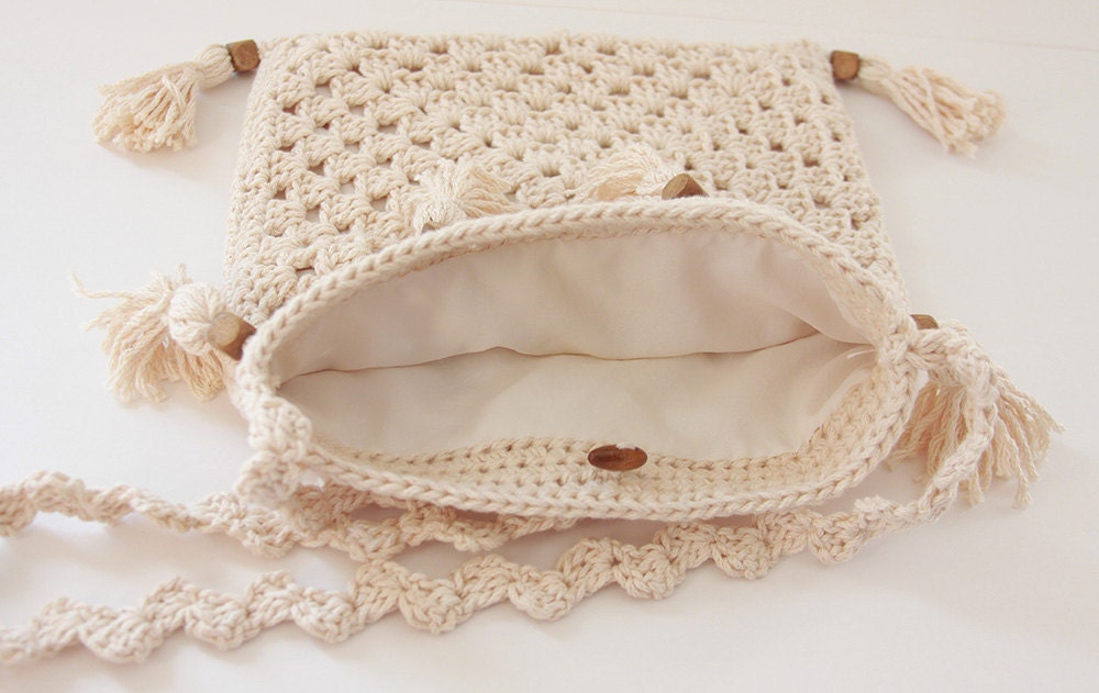 Crochet bag - Pure Cotton, Cream, Natural, Handmade, Silk lining, Crossover, Shoulder, eco fashion