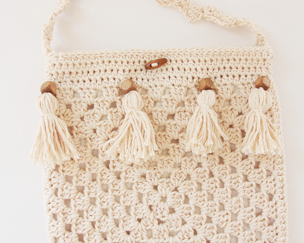 Crochet bag - Pure Cotton, Cream, Natural, Handmade, Silk lining, Crossover, Shoulder, eco fashion