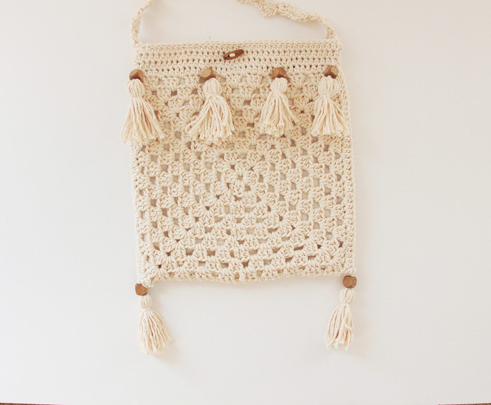 Crochet bag - Pure Cotton, Cream, Natural, Handmade, Silk lining, Crossover, Shoulder, eco fashion