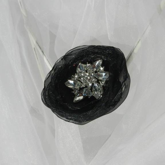 Black Flower White Rhinestone Hair Clip