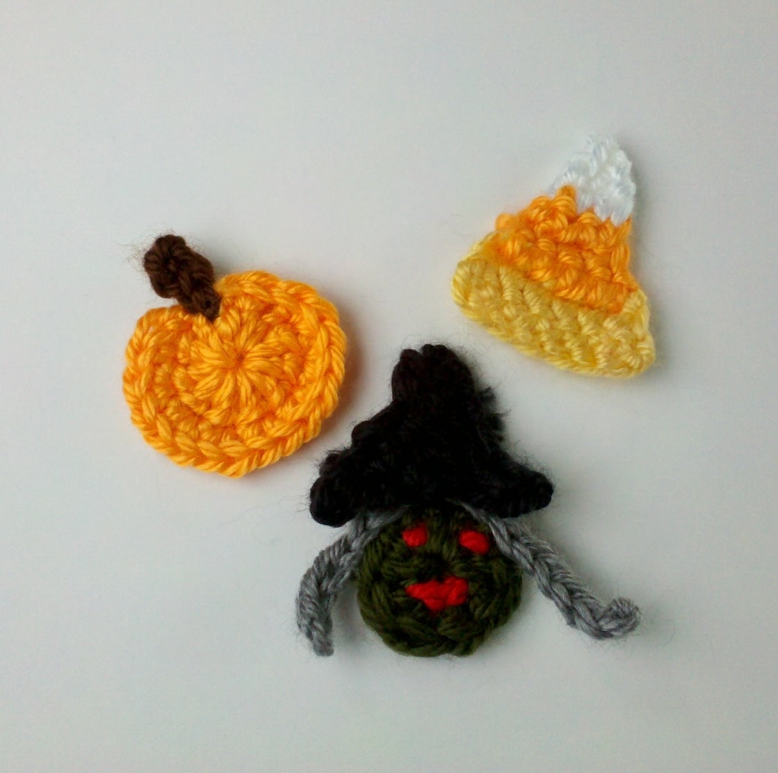 Crochet pumkin candy corn and witch Halloween set Applique Handmade for scrapbooking trim sewing flatback
