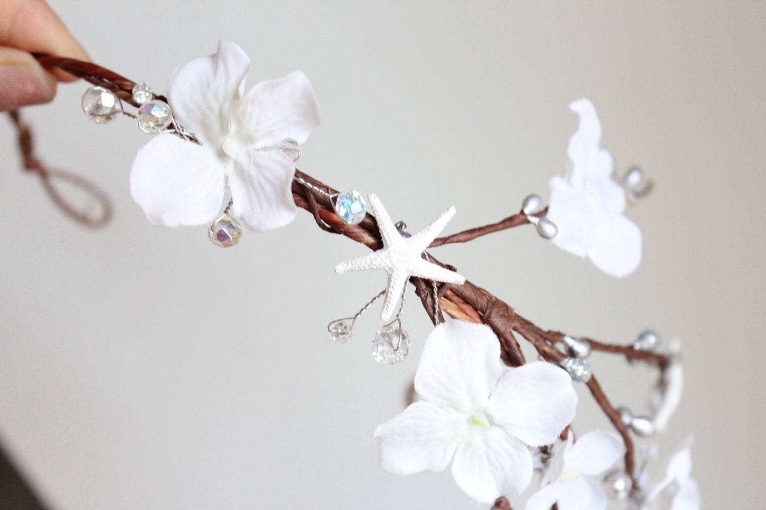 Beach Flowers and Starfish Cascade Crown, Wedding Tiara, wedding accessories, bridal flower, White, nautical, starfish - ANYA -