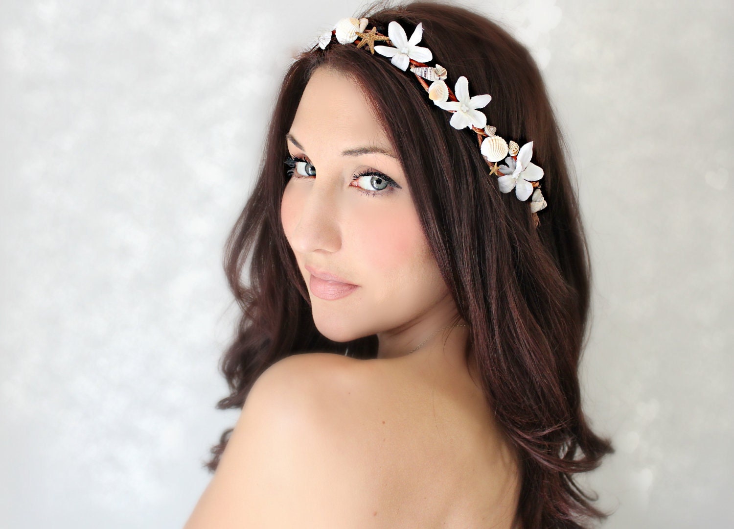 Seashells Starfish & Jasmin, Beach Wedding Flower Crown, White Tiara, wedding accessory, bridal headpiece - LAYLA -