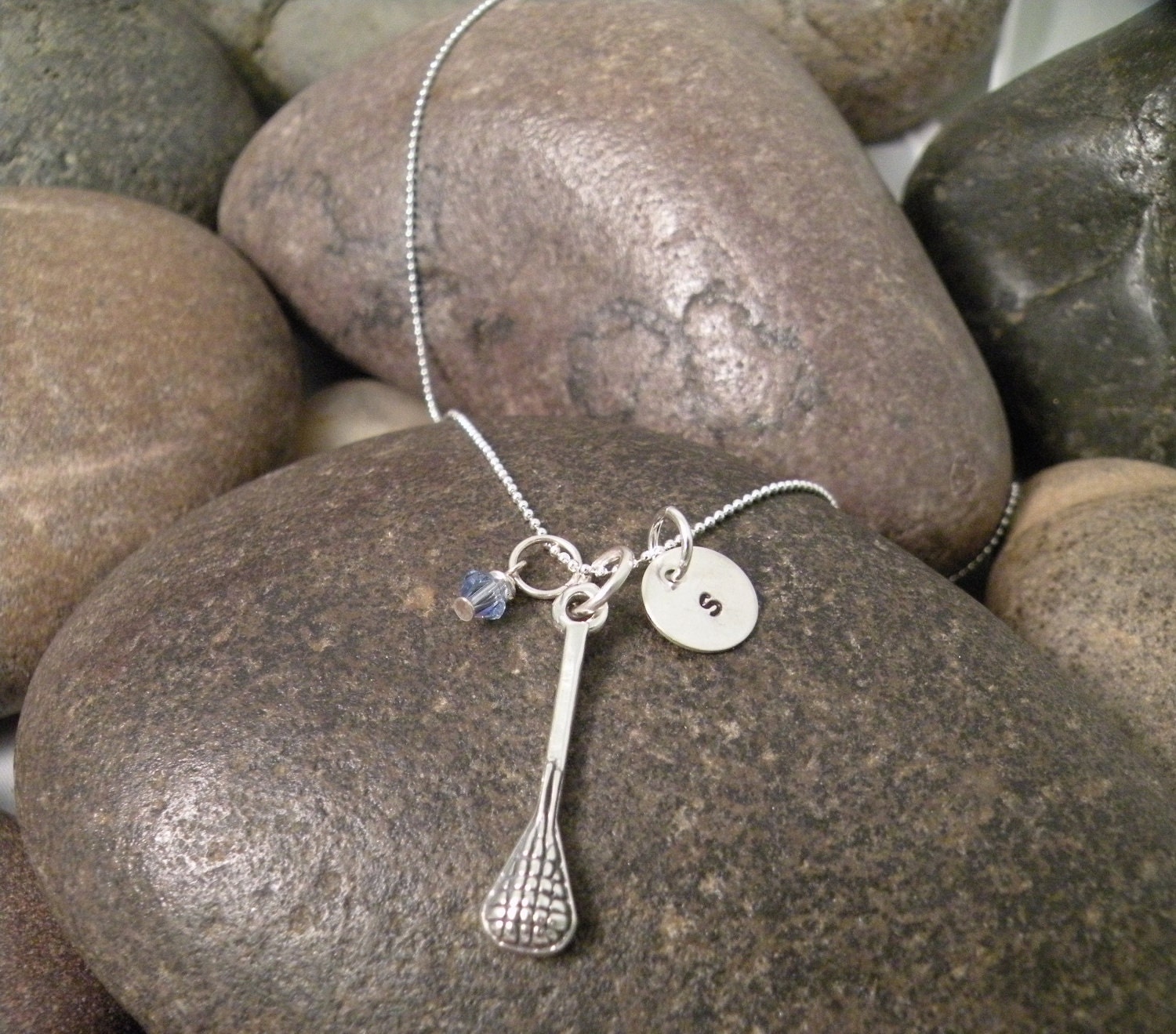 Sterling Silver Mini Initial Hand Stamped Lacrosse Stick Charm Necklace