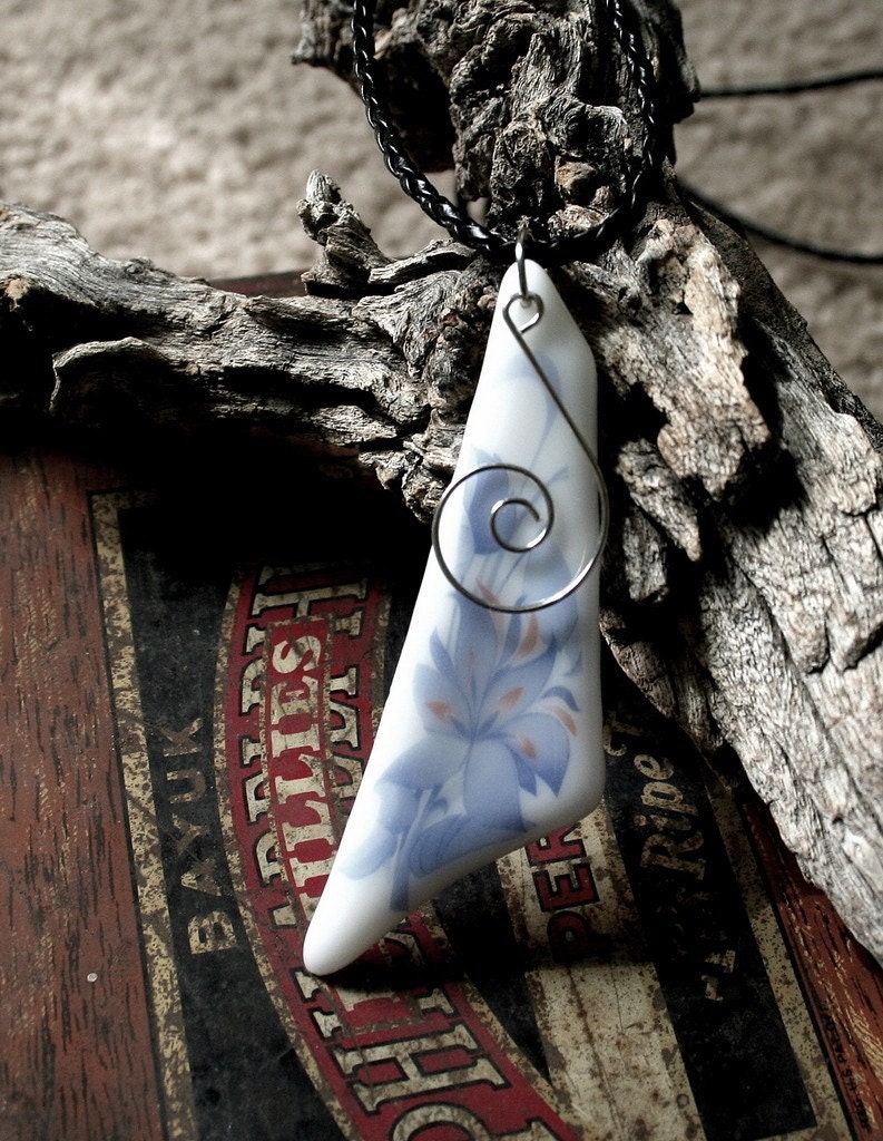 Fused Glass White Blue Floral big pendant  OOAK