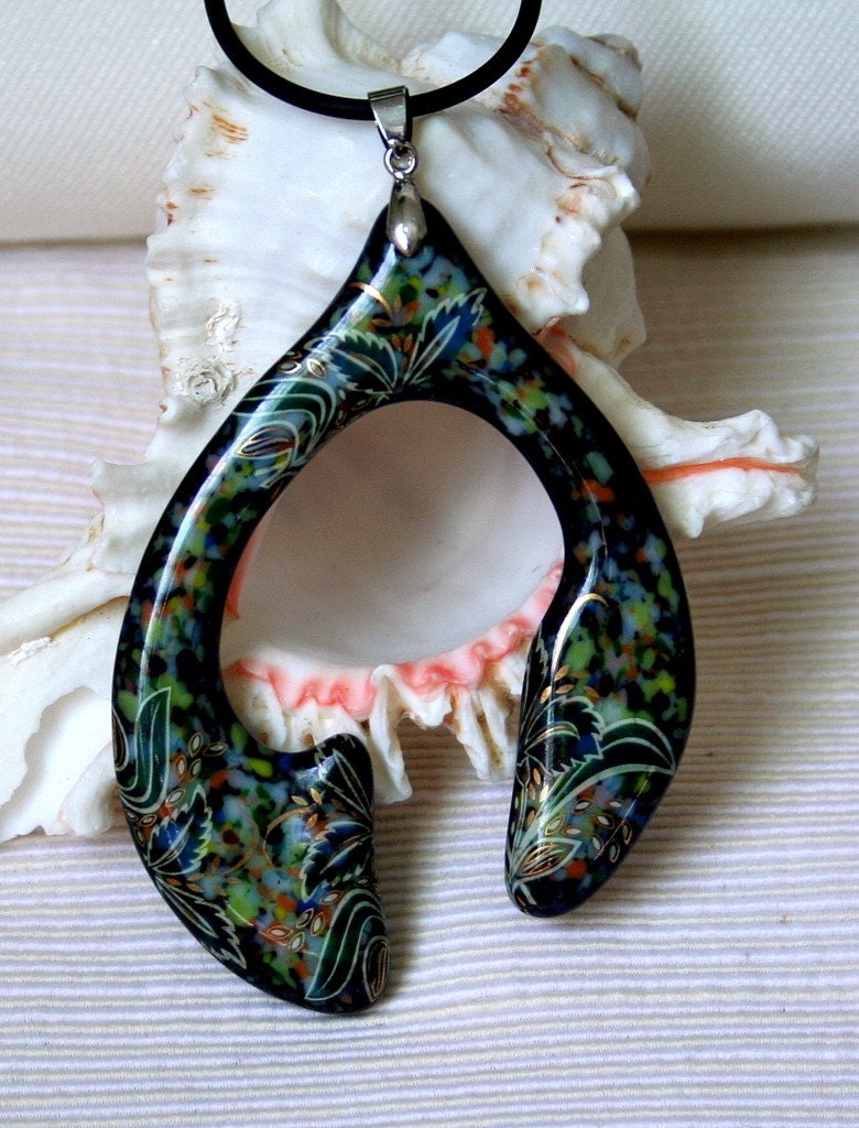 Fused Glass Flora bigl pendant Black Green Blue Orange OOAK