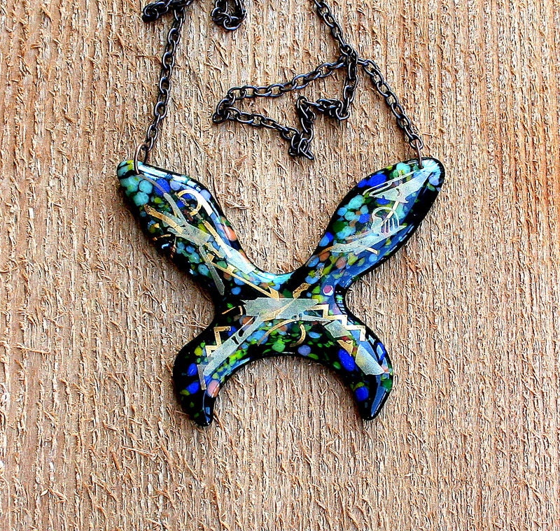 Butterfly big necklace Fused Glass  OOAK