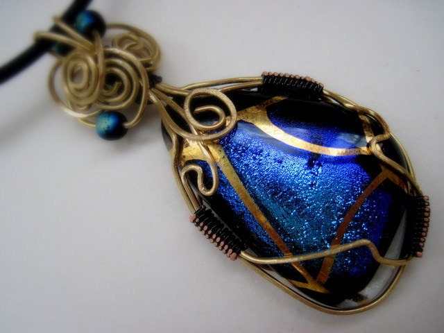 Dichroic   Blue Fused Glass   pendant  Dichroic glass pendant 22 K gold hand painting OOAK