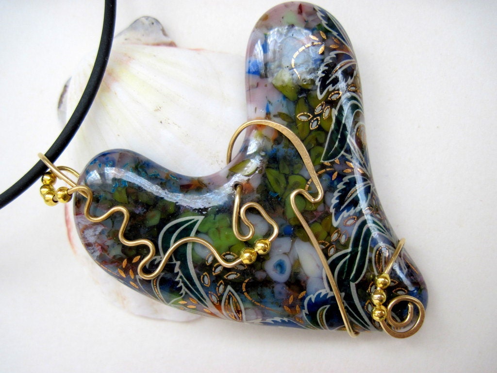 Fused Glass Big Floral Pendant  Heat  OOAK