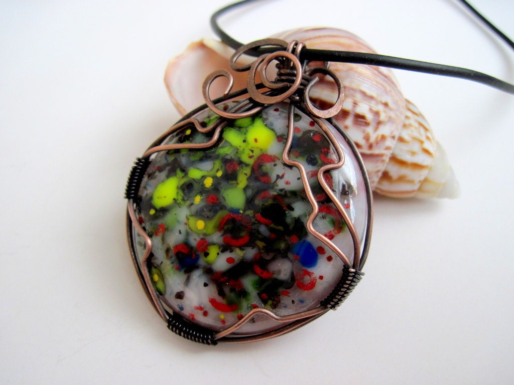 Fused Glass Big Circle  Pendant Rustic  Copper Wire   OOAK