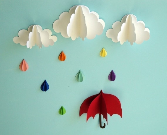 Red Umbrella, Raindrops and Clouds Wall Art/3D Paper Wall Decor/Wall Decals