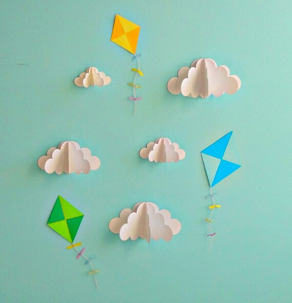 Kites and Clouds - 3D Paper Wall Art/Wall Decor/Wall Decals