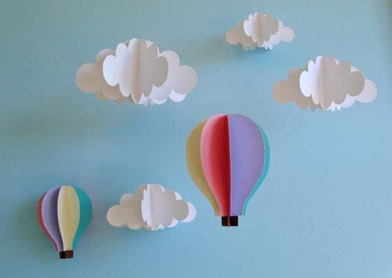 Hanging 3D Clouds and Hot Air Balloons/Hanging Decor/Nursery Mobile/Baby Mobile