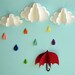 Red Umbrella, Raindrops and Clouds Wall Art/3D Paper Wall Decor/Wall Decals