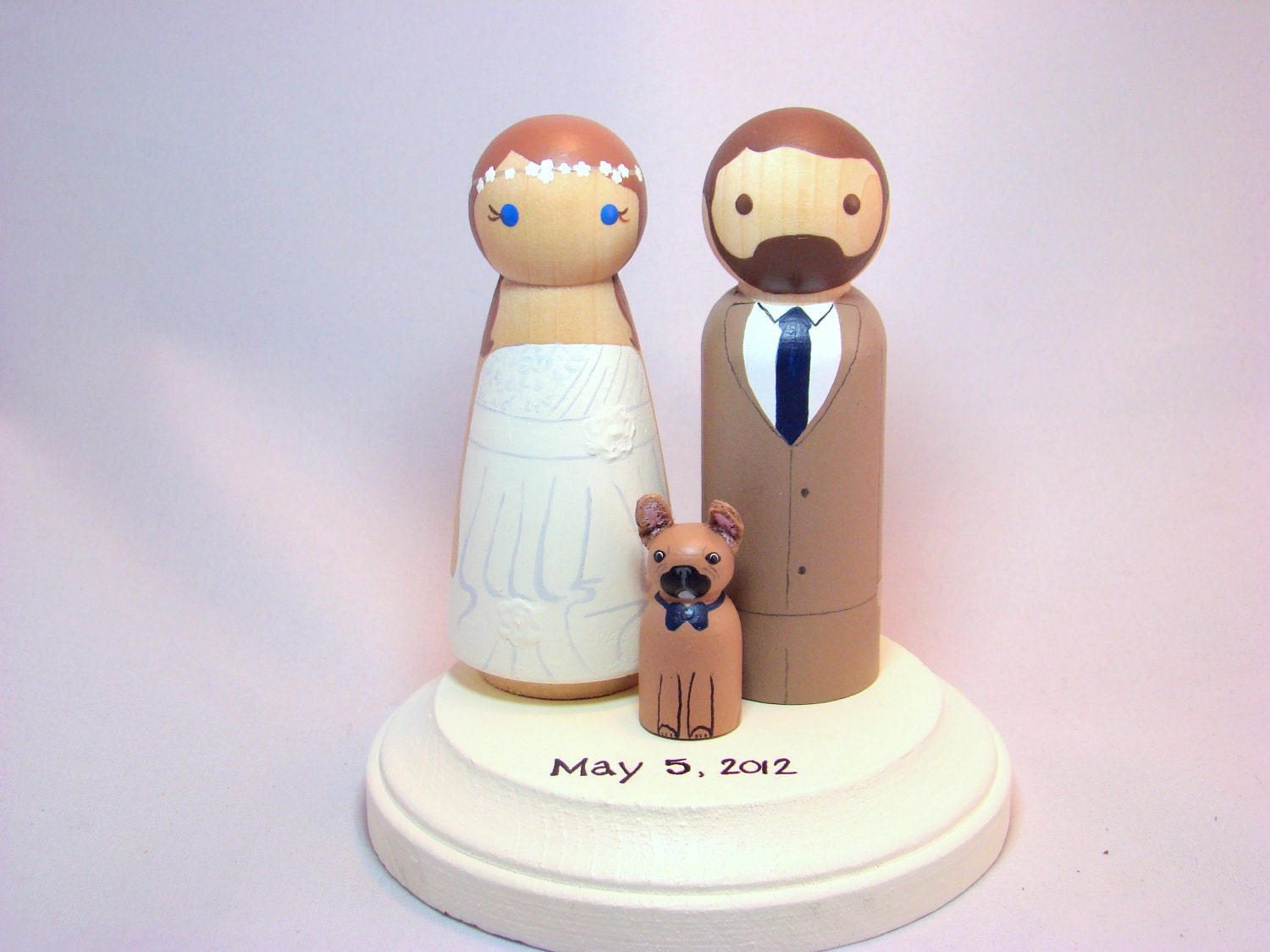 Custom Wedding Cake Toppers w/ 1 Pet and Pedestal - Hand Painted Wood Peg Cake Toppers