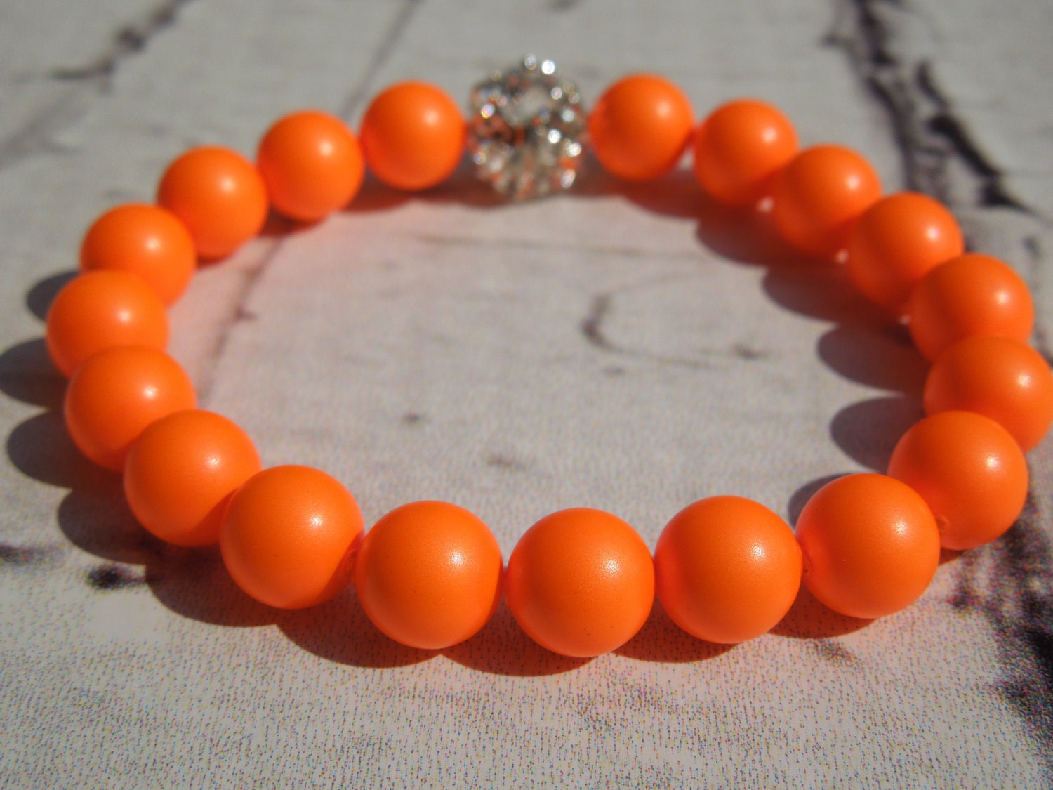 Perfect For The Summer NEON ORANGE Swarovski Pearl Bracelet With Silver Crystal Ball-Women-Teen-Girl