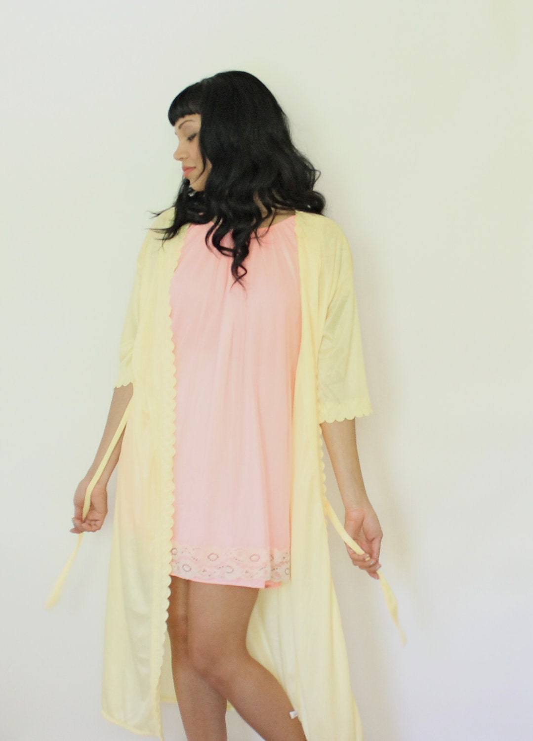 Vintage Yellow Nylon Robe Deadstock with Tags Pin Up Lingerie Medium Large