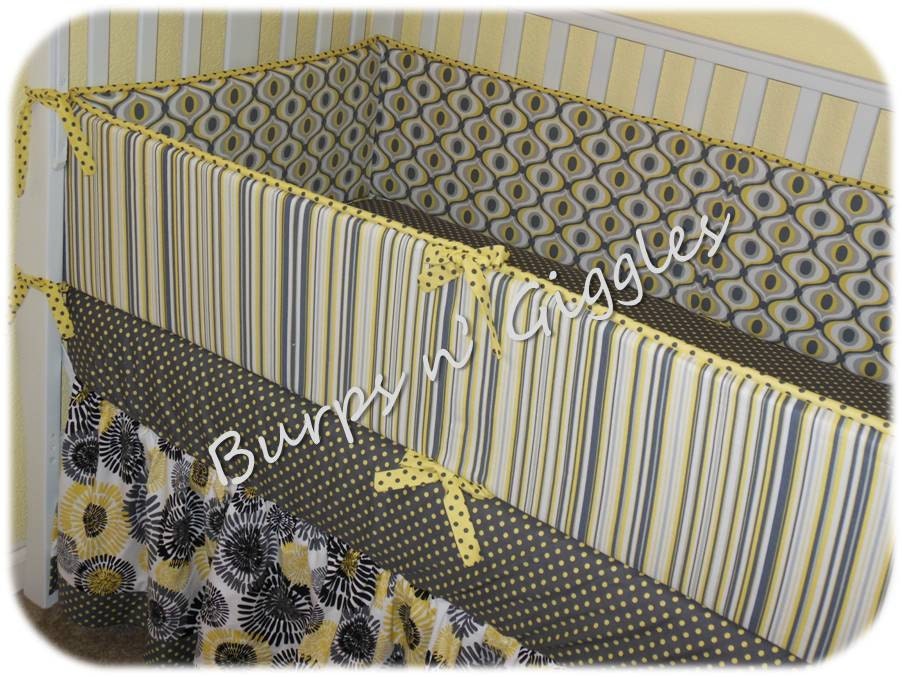 Custom Baby Crib Bedding Set..Crib Bumper, Crib Skirt..Citron Gray