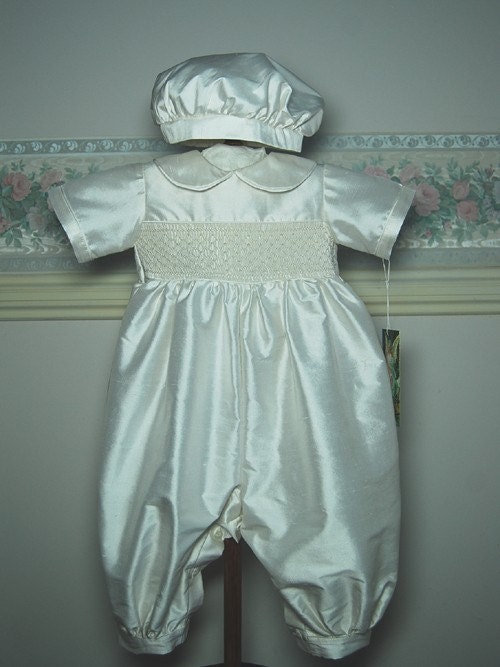 Antony - A Boy's Christening Romper created in silk with smocking in white thread