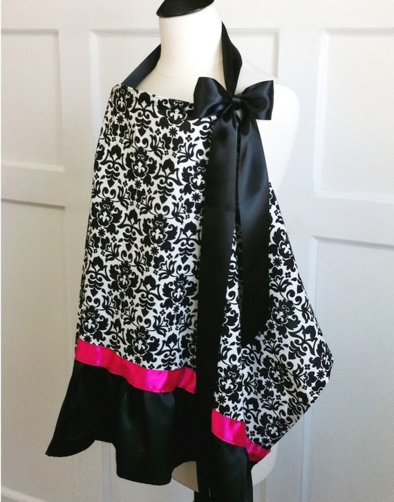Boutique Style Breastfeeding Nursing Cover - Black Damask w/ Hot Pink Trim