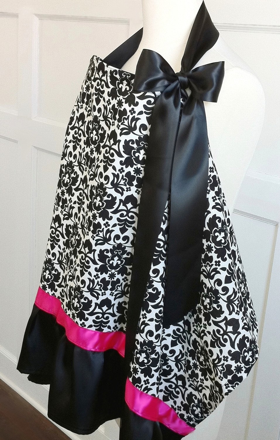 Boutique Style Breastfeeding Nursing Cover - Black Damask w/ Hot Pink Trim