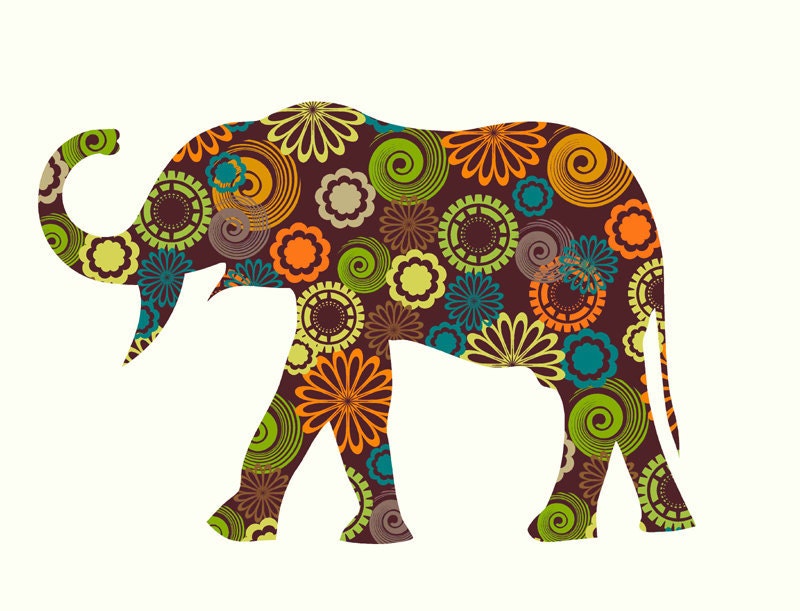 Brown Elephant Wall Fabric Decal with circle and flower patterns